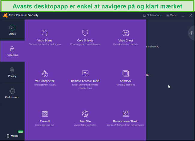 Skærmbillede af Avasts desktop-beskyttelsesmenu