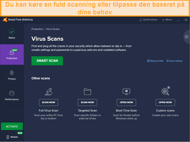 Oversigt over Avasts trusselscanninger, fra boot scan til hele systemet.