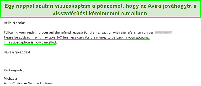 Pillanatkép az e-mailről az Avira ügyfélszolgálatánál, amely visszatérítést kér