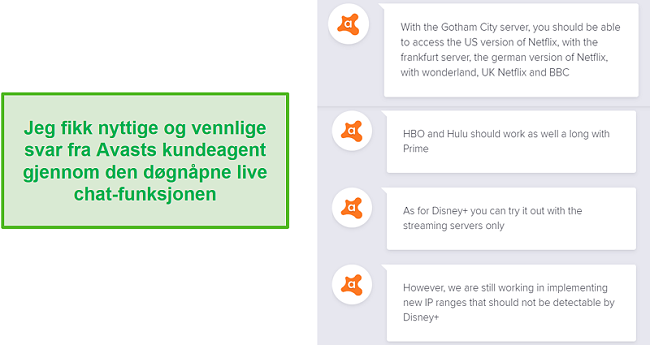 Skjermbilde av en live chat med en Avast-supportagent