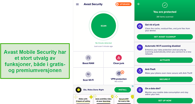 Skjermbilde av Avasts mobilapp-funksjoner.