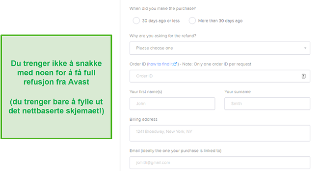 Skjermbilde av Avasts skjema for innsending av refusjon.