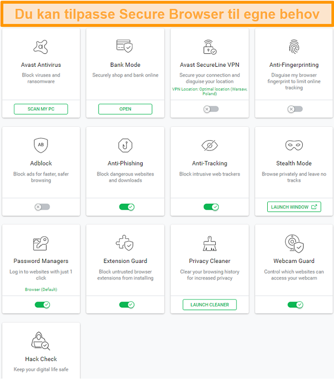 Skjermbilde av Avasts Alternativer for sikker nettleser.