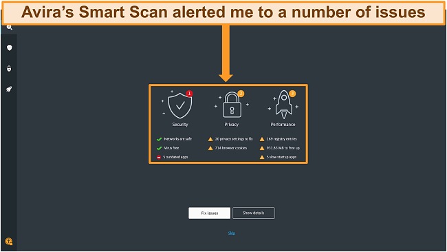 Screenshot of Avira Antivirus Smart Scan results page.