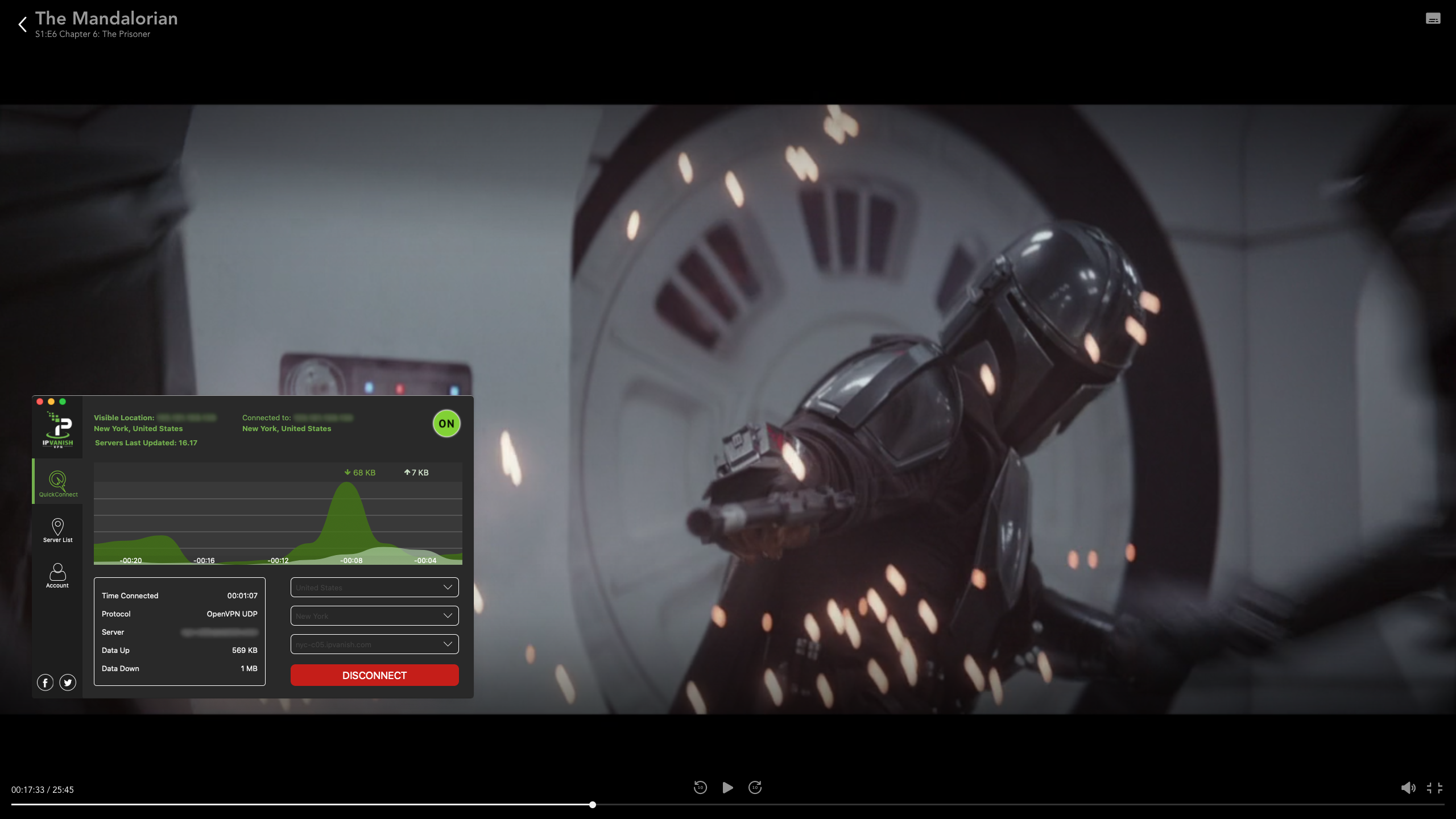 Screenshot of IPVanish streaming The Mandalorian on Disney Plus