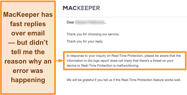 Screenshot of an email conversation with MacKeeper antivirus regarding error messages encountered in the log during the virus scan