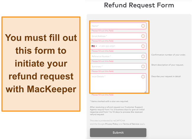 Screenshot of MacKeeper's refund request form when using the money-back guarantee