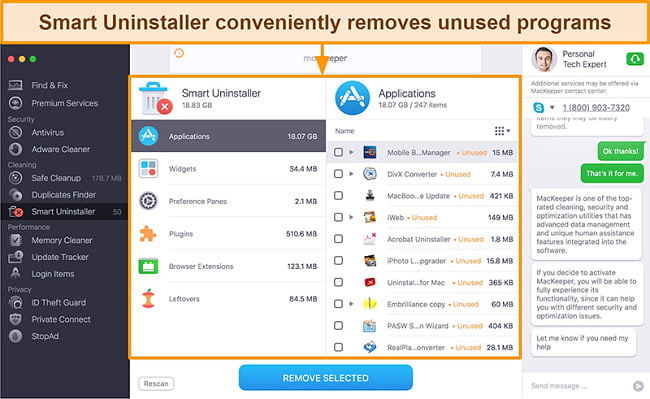 Image of MacKeeper's Smart Uninstaller identifying unused apps for removal