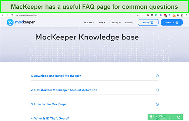 Image of MacKeeper's online knowledge base giving useful answers to common questions