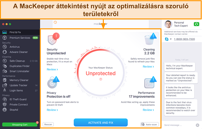 A MacKeeper Find & Fix funkciójának képe, amely áttekintést nyújt az optimalizációkról