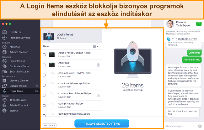 A Mackeeper bejelentkezési elemeinek képe az indítás során eltávolítandó programokról