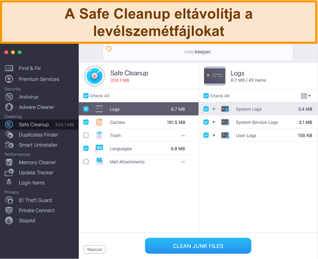 A MacKeeper Safe Cleanup képe, amely azonosítja a törlésre kerülő szemétfájlokat