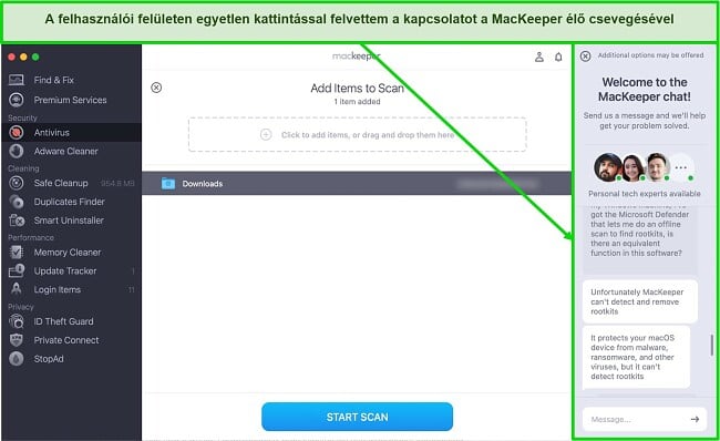 Képernyőkép a MacKeeper élő csevegési ablakáról a felhasználói felületen