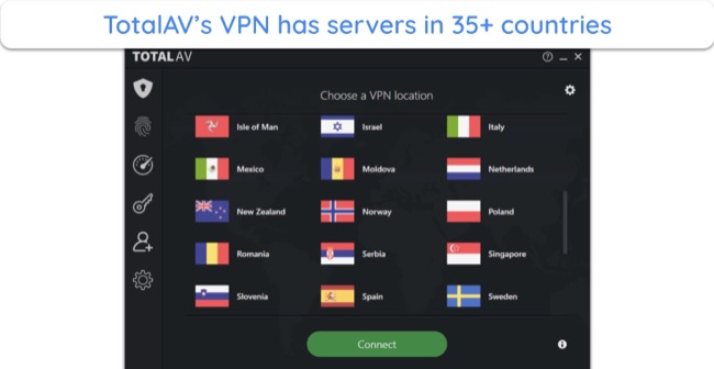 Screenshot of the available locations in TotalAV's VPN