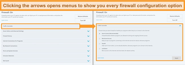 Screenshot of McAfee's firewall options.