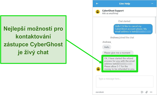 Screenshot uživatele, který úspěšně žádá o vrácení peněz od CyberGhost přes live chat s 30denní zárukou vrácení peněz