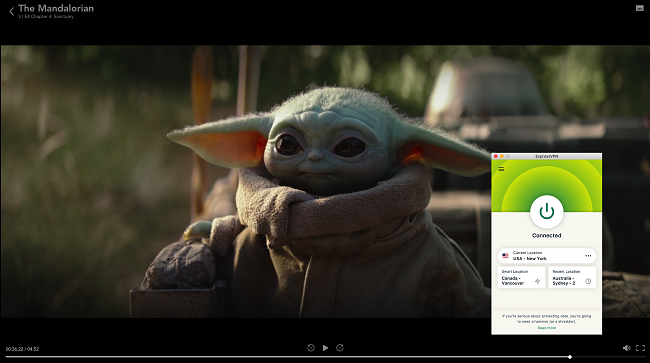 Screenshot of ExpressVPN connected to a US New York server and unblocking The Mandalorian on Disney+