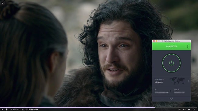 Screenshot of Private Internet Access connecting to a US server and unblocking the show Game of Thrones on HBO Max