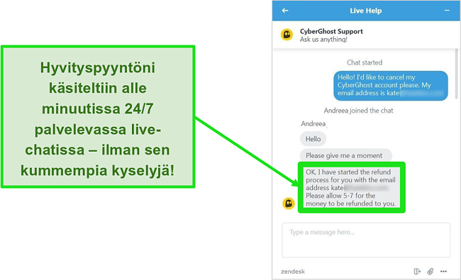 Näyttökuva käyttäjältä, joka pyytää onnistuneesti hyvitystä CyberGhostilta live-chatin kautta 30 päivän rahanpalautustakuun kanssa