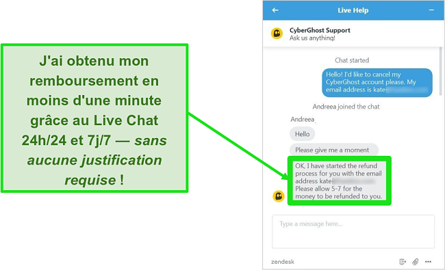 Capture d'écran d'un utilisateur demandant avec succès un remboursement à CyberGhost via un chat en direct avec la garantie de remboursement de 30 jours