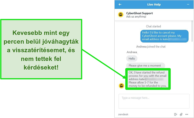 Pillanatkép arról a felhasználóról, amely sikeresen visszatérítést kér a CyberGhost-tól az élő csevegés során a 30 napos pénz-visszafizetési garanciával