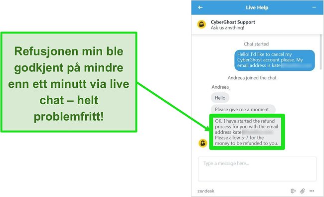 Skjermbilde av en bruker som vellykket ber om refusjon fra CyberGhost via live chat med 30-dagers pengene-tilbake-garanti