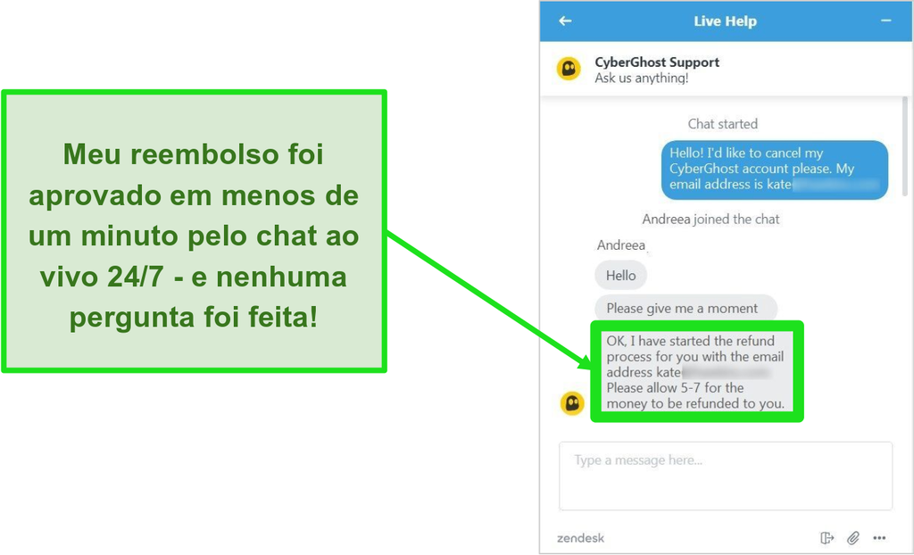 Captura de tela de um usuário solicitando com sucesso um reembolso da CyberGhost por chat ao vivo com a garantia de reembolso de 30 dias