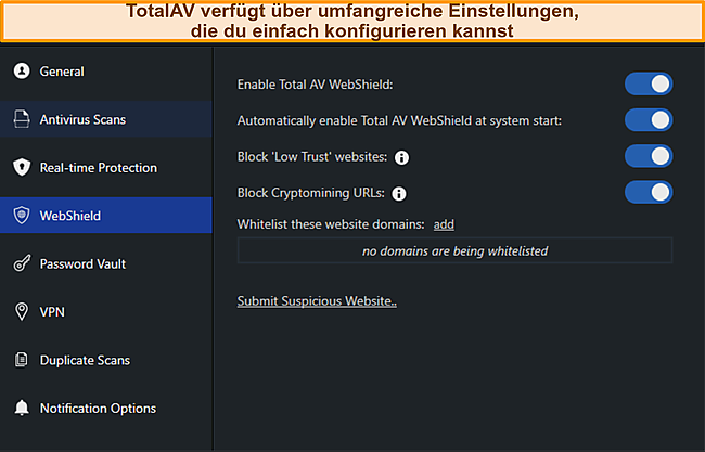 Screenshot von TotalAvs Settings Manus.