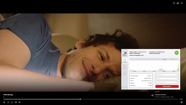 Screenshot of IPVanish connecting to a US server and unblocking the show Palm Springs on Hulu