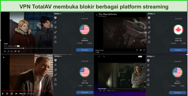 Tangkapan layar Total AV VPN yang membuka blokir Hulu, Disney +, Netflix, dan HBO Max.