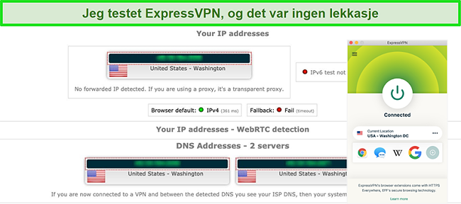 Skjermbilde av ExpressVPN vellykket en IP-, WebRTC- og DNS-lekkasjetest mens den er koblet til en server i USA