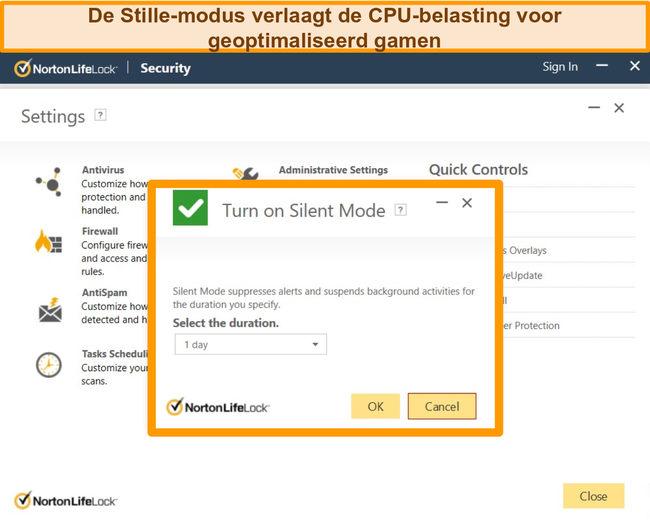 Schermafbeelding van de stille modus van Norton die wordt ingeschakeld.