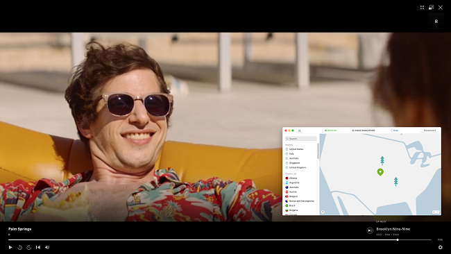 Screenshot of NordVPN connecting to a US server and unblocking the show Palm Springs on Hulu
