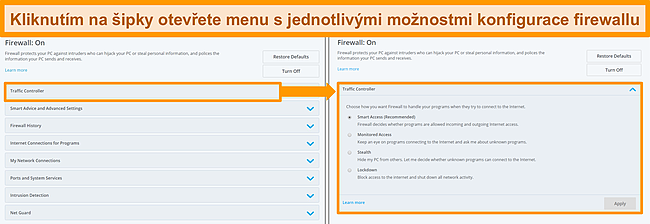 Screenshot z možností brány firewall společnosti McAfee.