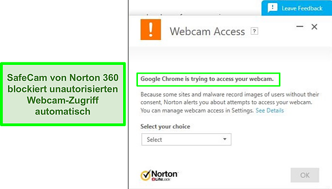 Screenshot von Norton, der den Versuch von Google Chrome blockiert, auf die Webcam zuzugreifen.