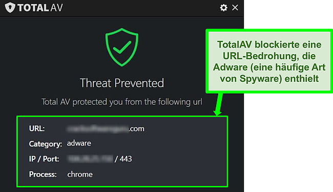 Screenshot zeigt, wie TotalAV eine schädliche URL blockiert, die Adware hostet.