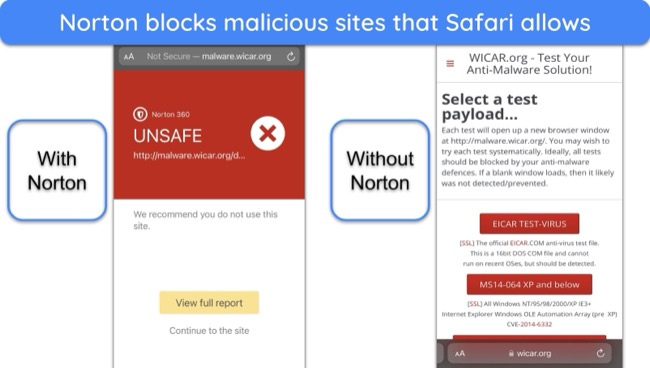 Screenshot of comparison between Norton blocking a malicious site and Safari allowing it