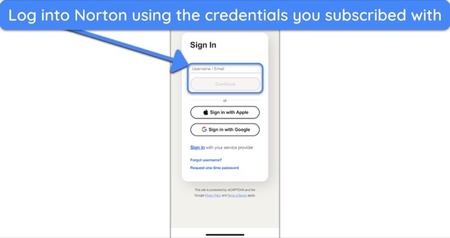 Screenshot showing how to log into Norton's iOS app