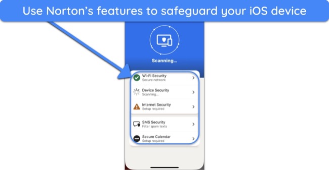 Screenshot showing the available security features in Norton's iOS app