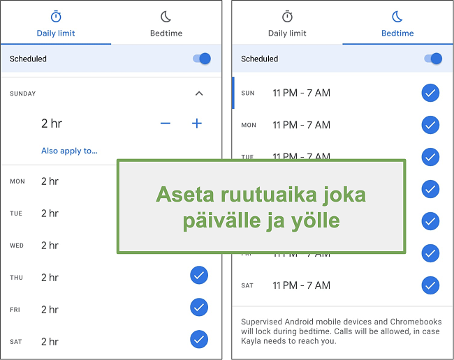 Näyttökuva Google Family Linkin näytön aika-asetuksista jokaiselle päivälle ja yölle