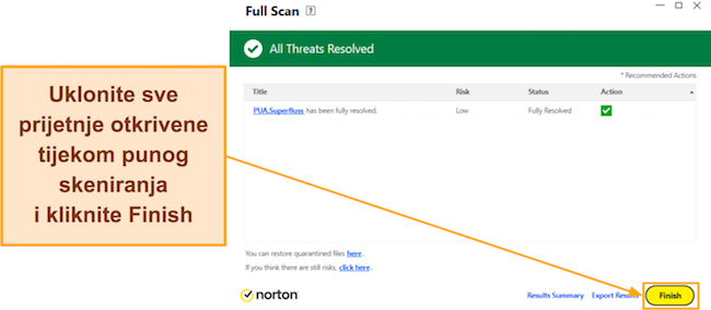Snimka zaslona koja pokazuje kako dovršiti Nortonovo potpuno skeniranje