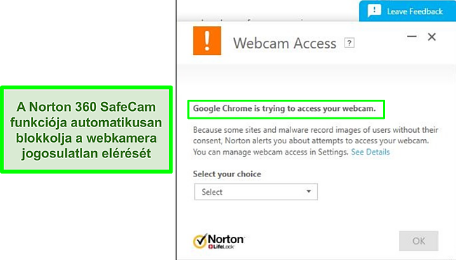Pillanatkép arról, hogy a Norton blokkolja a Google Chrome kísérletét a webkamera elérésére.