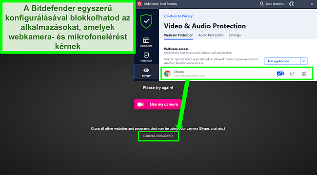 Pillanatkép arról, hogy a Bitdefender blokkolja a webkamera hozzáférését egy webhelyhez.