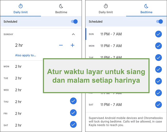 Tangkapan layar pengaturan waktu layar Google Family Link untuk setiap siang dan malam