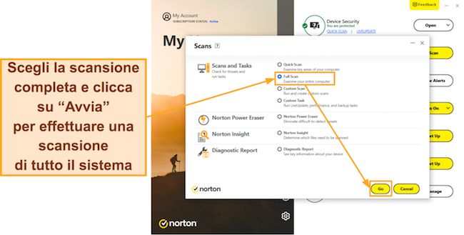 Screenshot che mostra come avviare la scansione completa di Norton