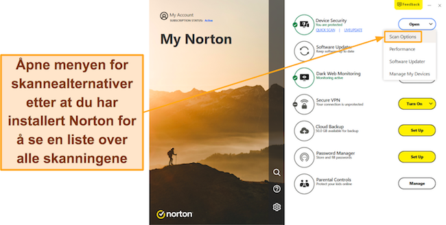 Skjermbilde som viser hvordan du får tilgang til Nortons meny for skannealternativer