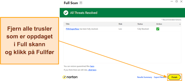 Skjermbilde som viser hvordan du fullfører Nortons Full Scan