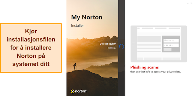Skjermbilde som viser Nortons installasjon pågår på Windows