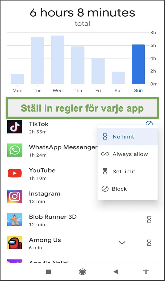 Skärmdump av Google Family Links regler för varje appinställning