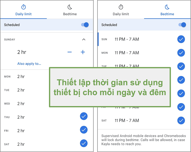 Ảnh chụp màn hình cài đặt thời gian sử dụng thiết bị của Google Family Link cho mỗi ngày và đêm